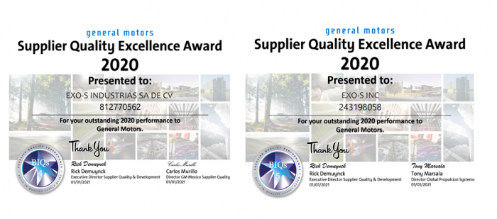 Exo-s recipient - GM Supplier Quality Excellence Award